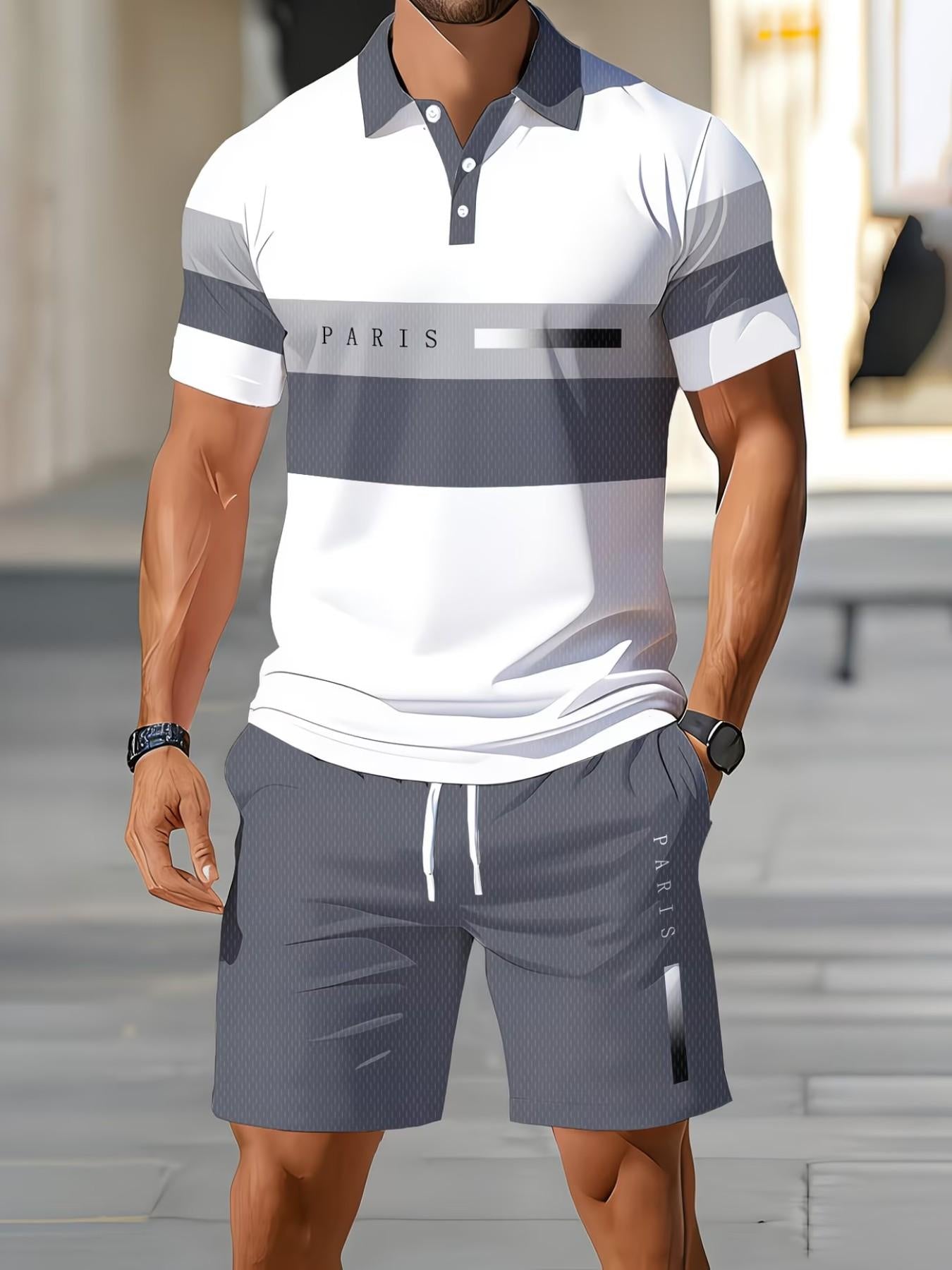 🔥Men's Short Sleeve Casual Set. Summer Beach Fashion Sport Wear. Plaid Pattern. Slim-Fitting. Above the Knee