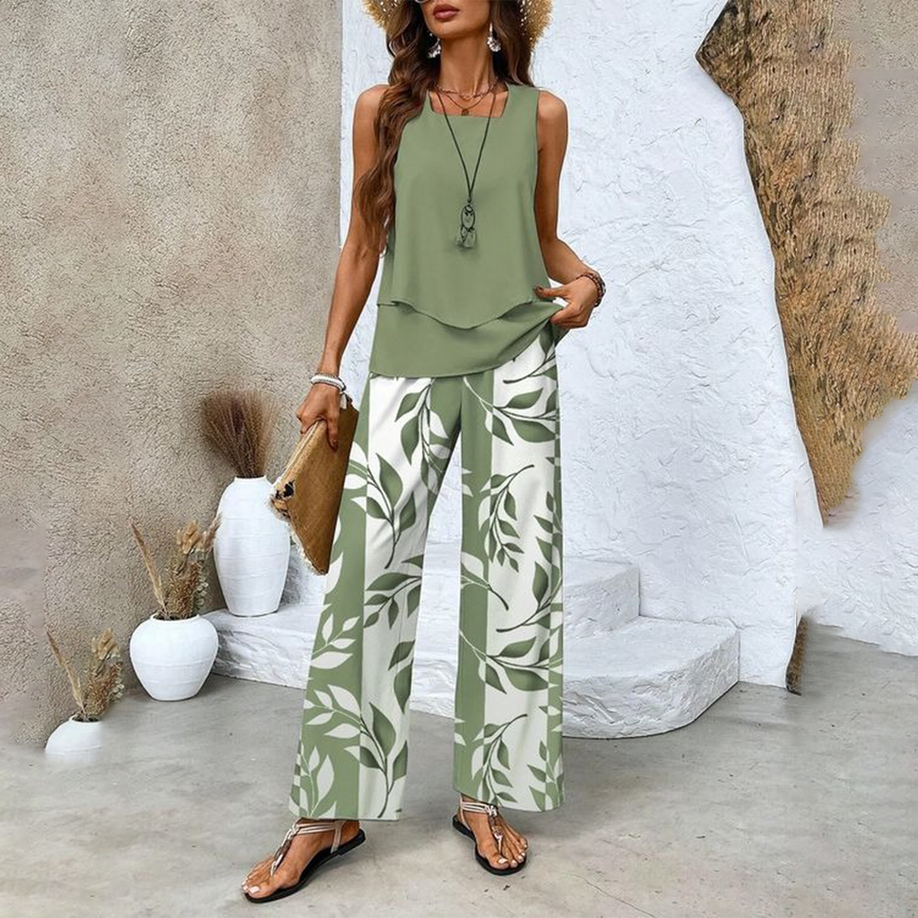 🌺 Women's Trendy Print 2-Piece Outfit – Sleeveless Top & Pants Combo!