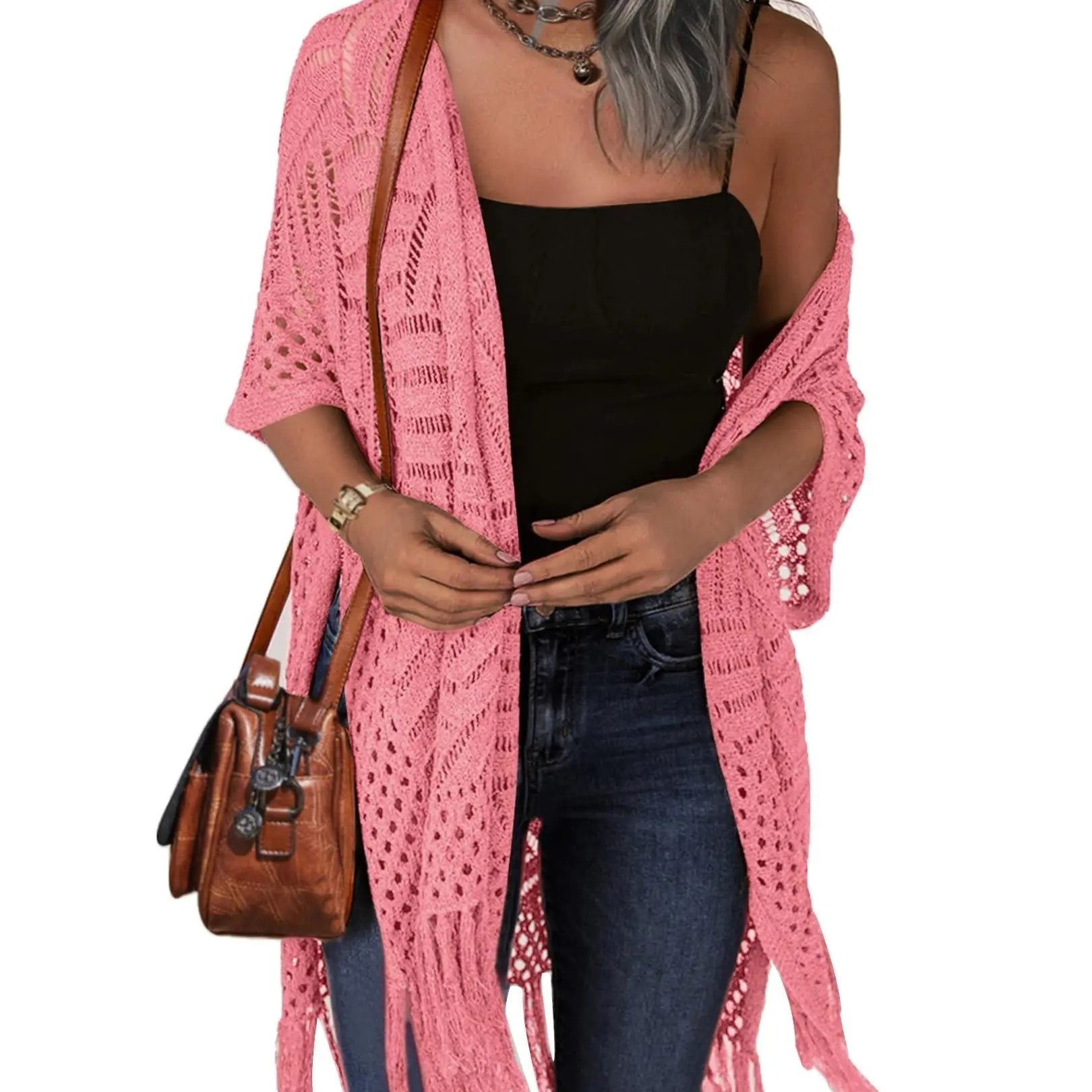 🔥This Week's Special Price:£15.99!!😍Women's Oversized Knit Cardigan – Lightweight Crochet Tassel Kimono for Spring & Summer 🌸