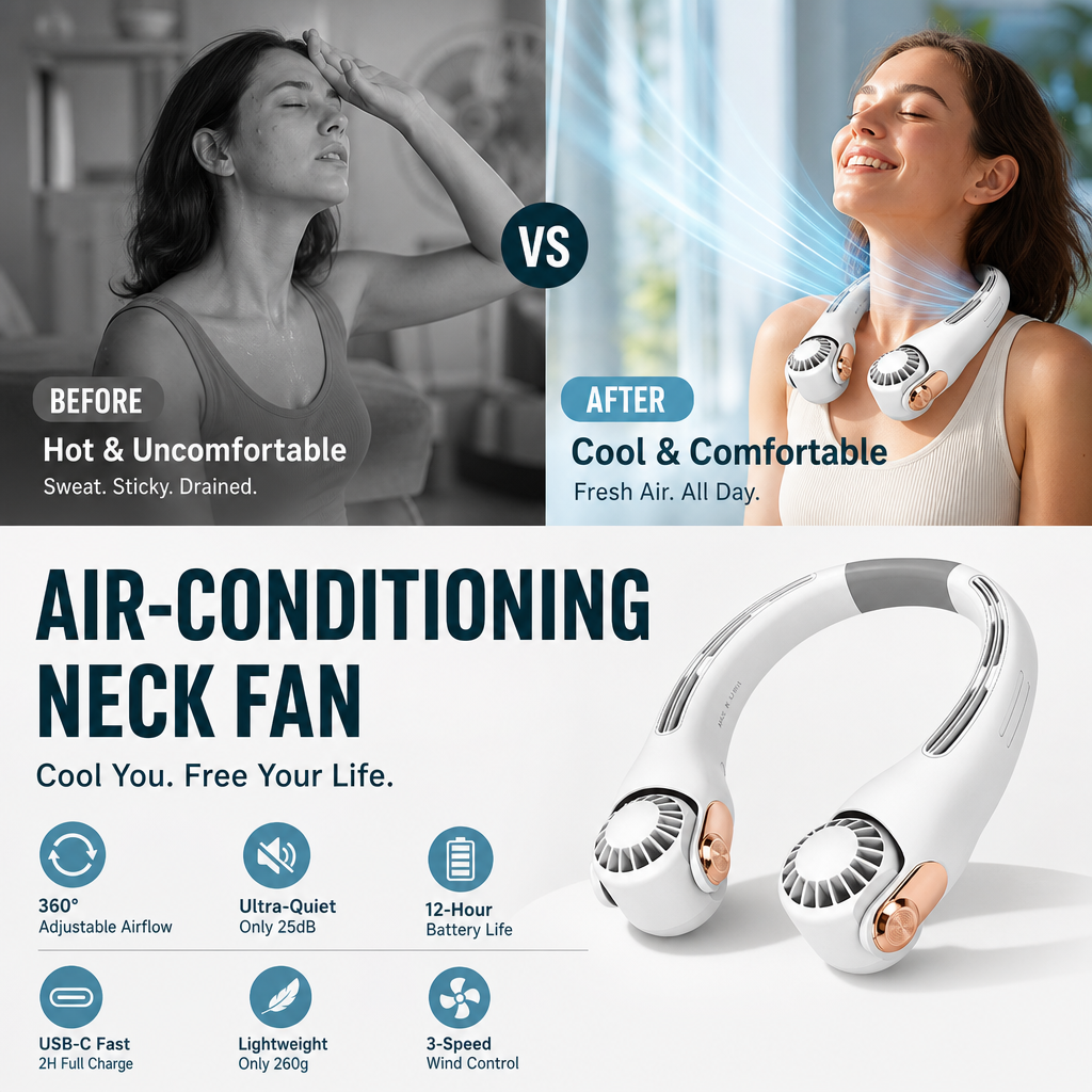 🥳2026 HOT SALE🥳💞50K+ SOLD!🍃 Neck Air Conditioner Fan – Ultra‑quiet. 360° rotating. 3 speeds. Hands‑free cooling. long battery. Summer essential! 😎🌬️