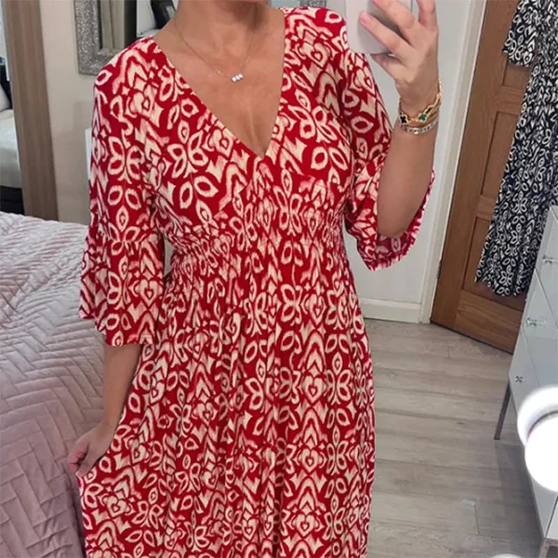 Bohemian Casual Print V-Neck Long Dress