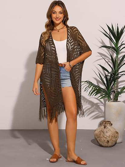 🔥This Week's Special Price:£15.99!!😍Women's Oversized Knit Cardigan – Lightweight Crochet Tassel Kimono for Spring & Summer 🌸