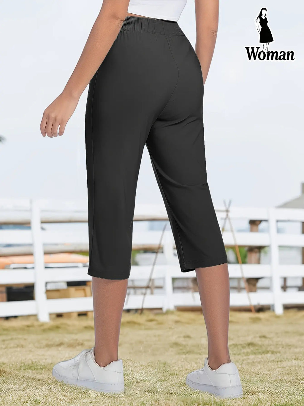 Women's Capri Pants – Loose Fit. Summer Drawstring Waist. Zipper Pockets. Breathable High-Stretch Fabric. Suitable for Everyday Wear