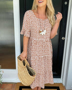 Round Neck Polka Dot Print Midi Dress