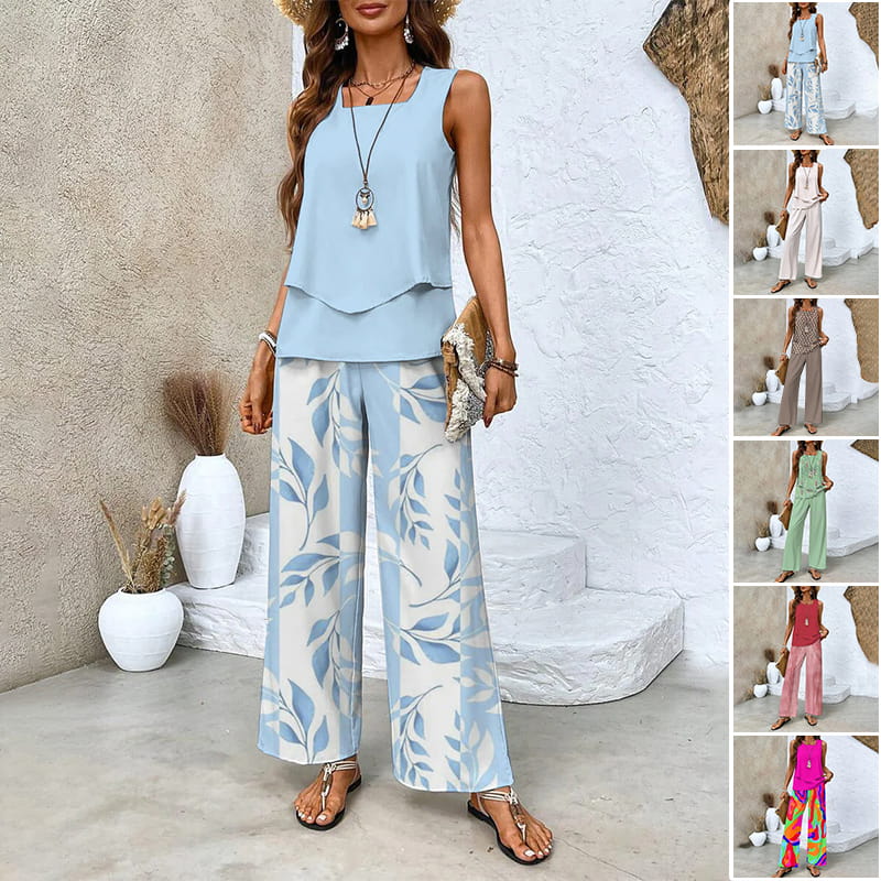 🌺 Women's Trendy Print 2-Piece Outfit – Sleeveless Top & Pants Combo!
