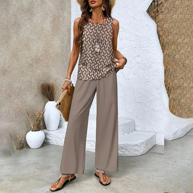 🌺 Women's Trendy Print 2-Piece Outfit – Sleeveless Top & Pants Combo!