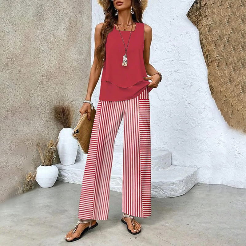 🌺 Women's Trendy Print 2-Piece Outfit – Sleeveless Top & Pants Combo!
