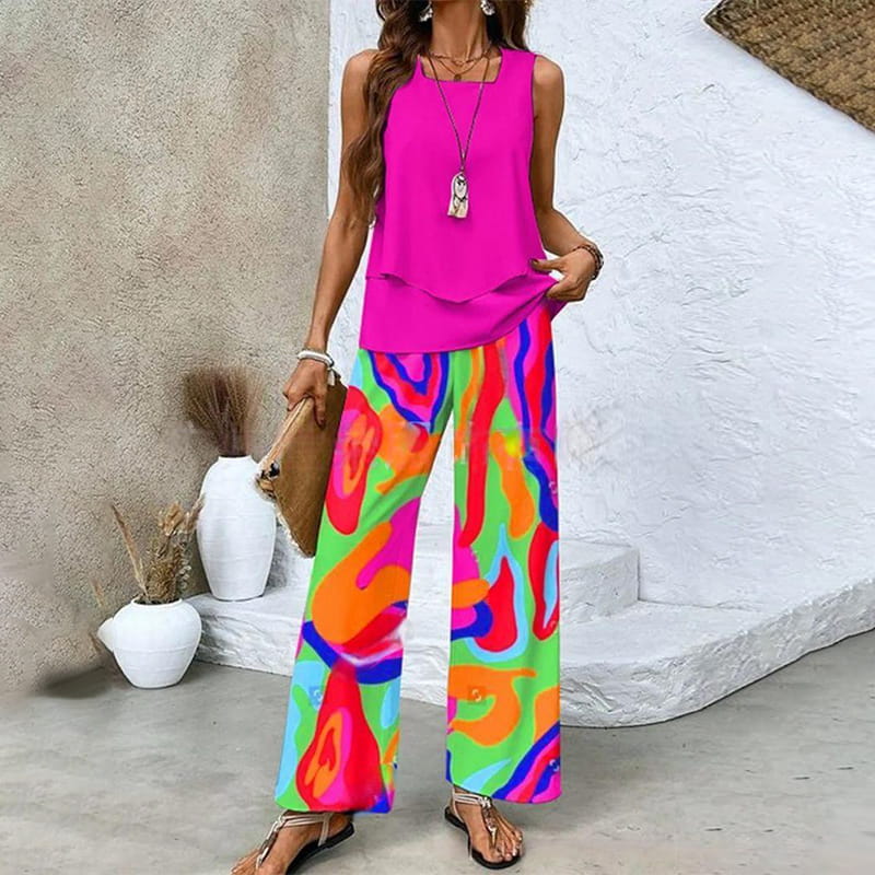 🌺 Women's Trendy Print 2-Piece Outfit – Sleeveless Top & Pants Combo!