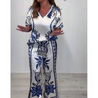 💜 LAST DAY PROMOTION - 50%OFF💜Women's Casual V-Neck Short Sleeve Top Wide Leg Pants Set