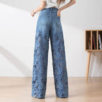 🔥 Summer Sale 49% Off Women's High-Waisted Blue Denim Wide-Leg Pants (Hollow-out Lace Panels)