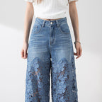 🔥 Summer Sale 49% Off Women's High-Waisted Blue Denim Wide-Leg Pants (Hollow-out Lace Panels)