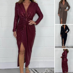⚡Black Friday Flash Deal!💥Women V-neck Pleated Sequined Slit Elegant Temperament Evening Party Dress Direct 50% Off. King of Cost Performance!