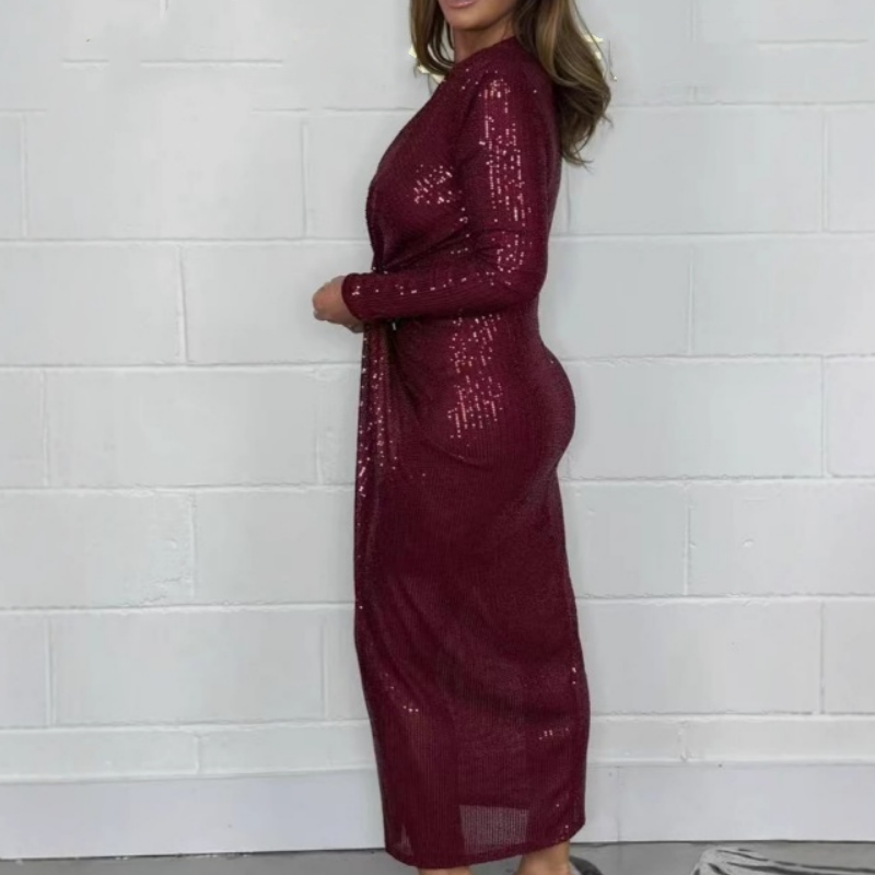 ⚡Black Friday Flash Deal!💥Women V-neck Pleated Sequined Slit Elegant Temperament Evening Party Dress Direct 50% Off. King of Cost Performance!