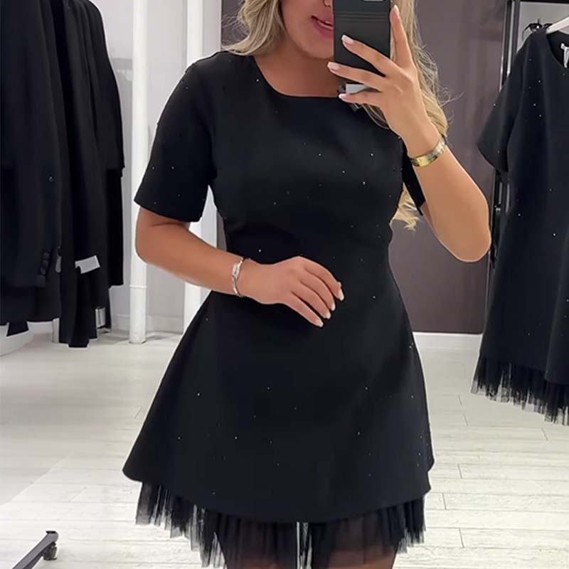 🔥Hot Sale Offers-Women's Sparkling Lace Trim Short-Sleeve Mini Dress | Elegant & Shimmering