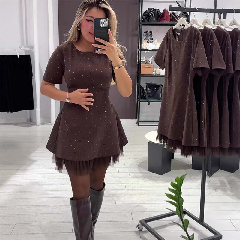 🔥Hot Sale Offers-Women's Sparkling Lace Trim Short-Sleeve Mini Dress | Elegant & Shimmering