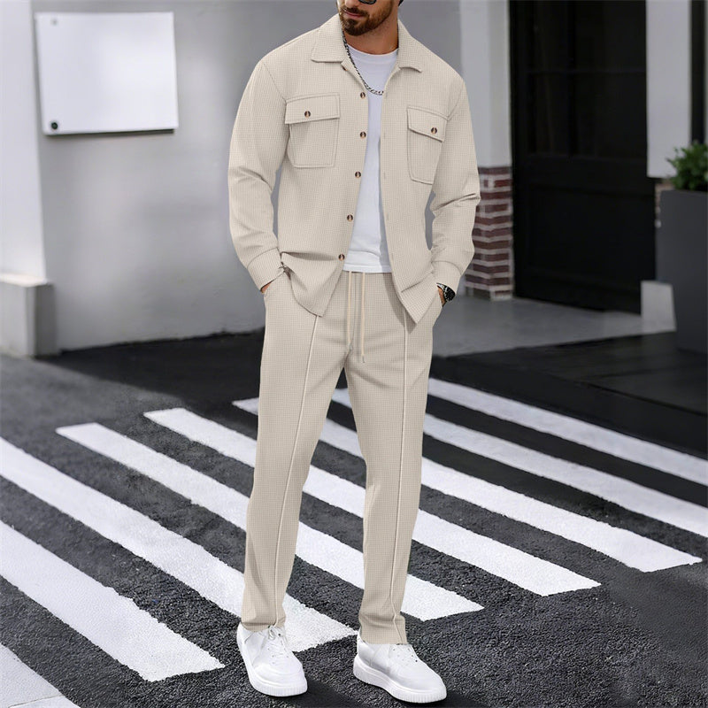 🔥 Men's Waffle Button-Up Jacket & Trousers Set – Breathable Waffle Knit. Relaxed Fit & Effortless Casual Style 👕👖