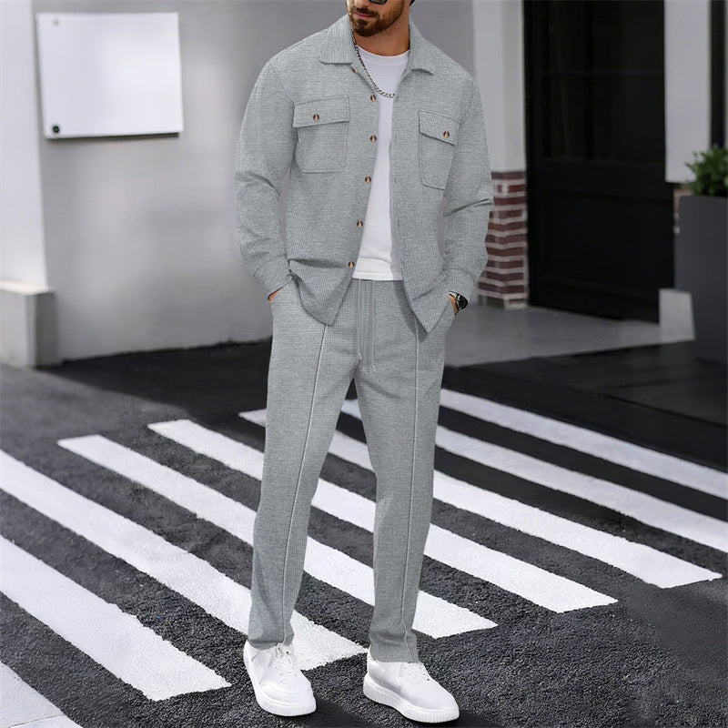 🔥 Men's Waffle Button-Up Jacket & Trousers Set – Breathable Waffle Knit. Relaxed Fit & Effortless Casual Style 👕👖
