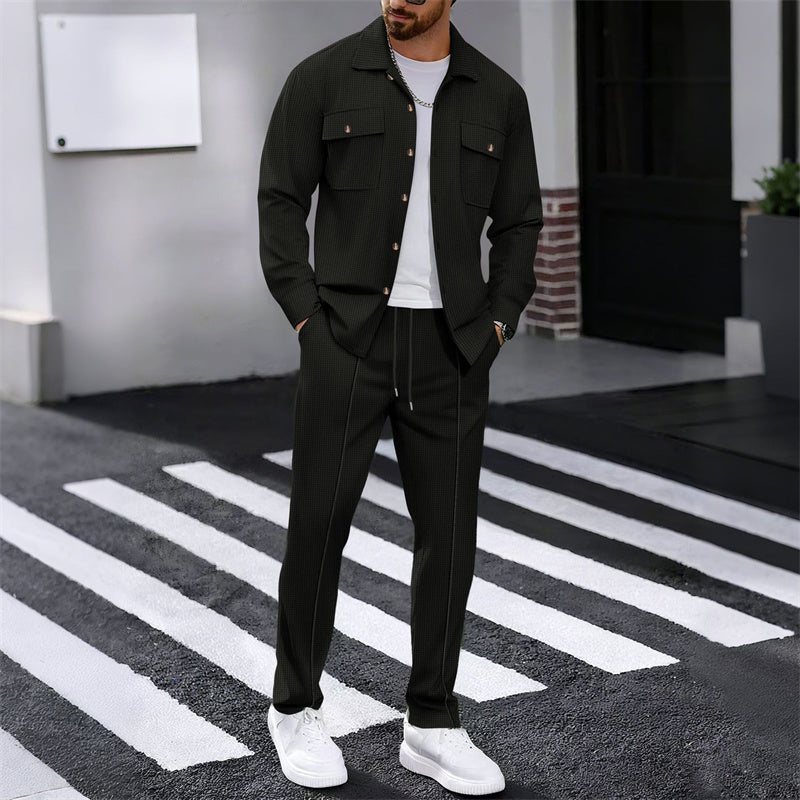 🔥 Men's Waffle Button-Up Jacket & Trousers Set – Breathable Waffle Knit. Relaxed Fit & Effortless Casual Style 👕👖