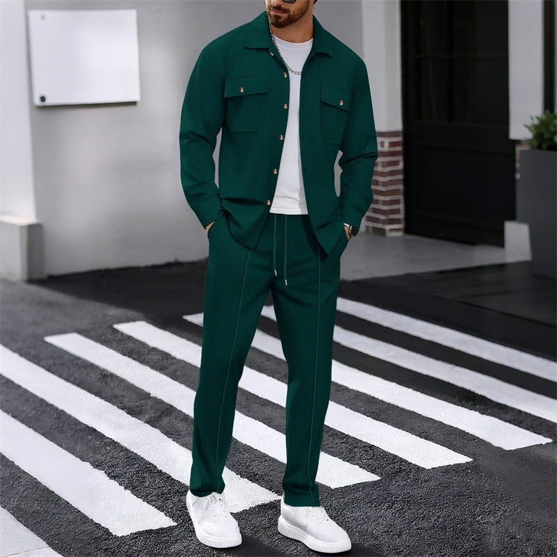 🔥 Men's Waffle Button-Up Jacket & Trousers Set – Breathable Waffle Knit. Relaxed Fit & Effortless Casual Style 👕👖