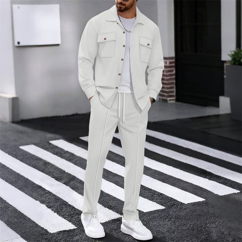 🔥 Men's Waffle Button-Up Jacket & Trousers Set – Breathable Waffle Knit. Relaxed Fit & Effortless Casual Style 👕👖