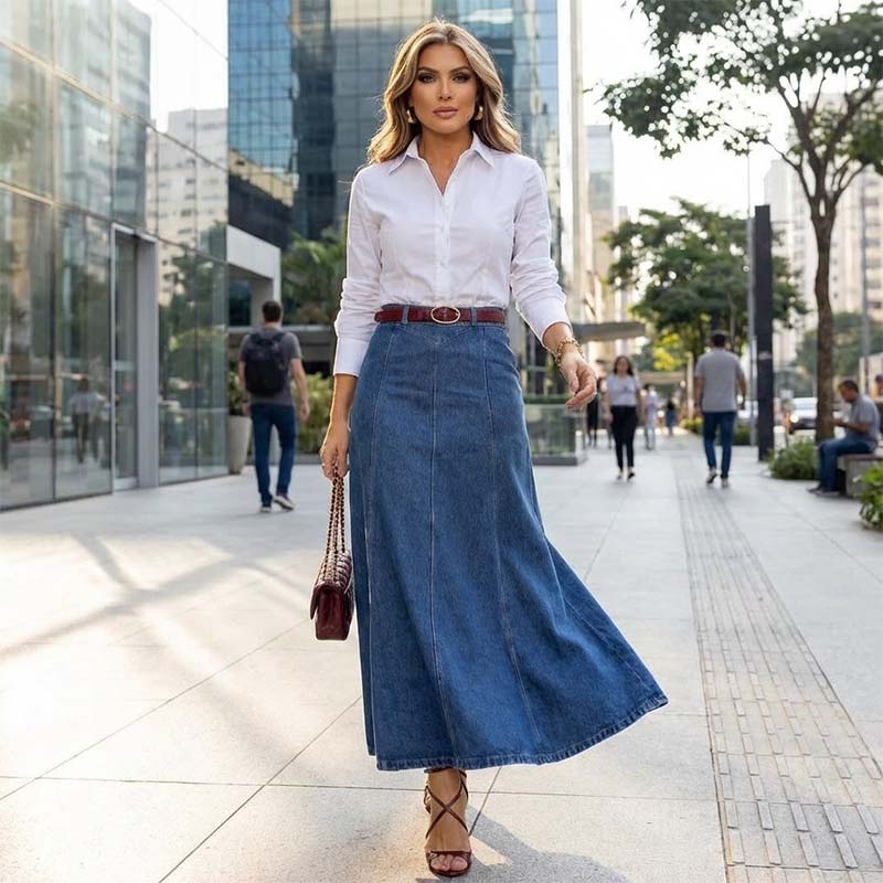 👗40% OFF NOW! ✨ Women's High-Waist A-Line Denim Maxi Skirt – Flattering Fit. Stretchy Comfort & Versatile Style 👖