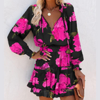Women's V-Neck Long Sleeve Ruffle Hem Mini Dress