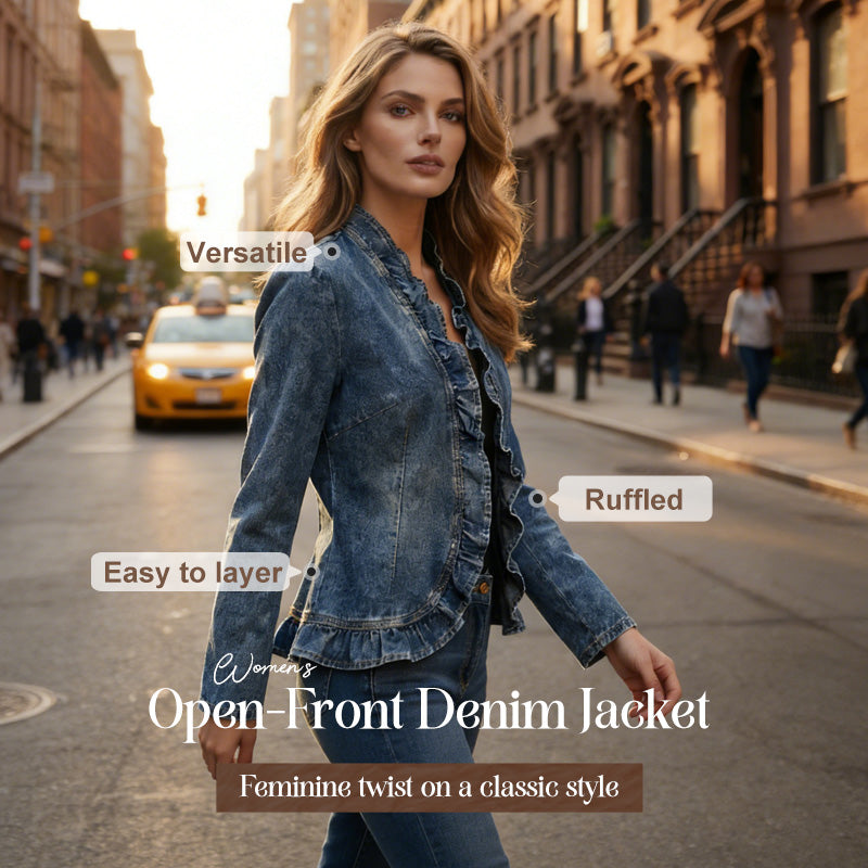 🥳2026 HOT SALE🥳💞50K+ SOLD!👵☀️ 56% OFF! Open-Front Denim Jacket – No buttons. easy on/off. Flattering ruffle trim. breathable fabric. Classic blue wash. A versatile wardrobe staple. 🌿✅