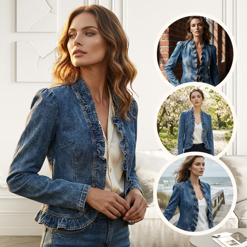 🥳2026 HOT SALE🥳💞50K+ SOLD!👵☀️ 56% OFF! Open-Front Denim Jacket – No buttons. easy on/off. Flattering ruffle trim. breathable fabric. Classic blue wash. A versatile wardrobe staple. 🌿✅
