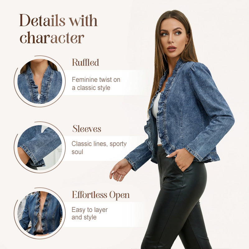 🥳2026 HOT SALE🥳💞50K+ SOLD!👵☀️ 56% OFF! Open-Front Denim Jacket – No buttons. easy on/off. Flattering ruffle trim. breathable fabric. Classic blue wash. A versatile wardrobe staple. 🌿✅