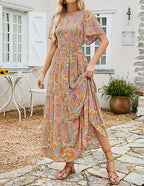 🌷Early Summer Sale-50% Off🌸2026 Summer Casual Floral Print Short Flutter Sleeve Crew Neck Smocked High Waist Flowy Maxi Dress