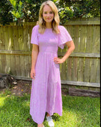 🌷Early Summer Sale-50% Off🌸2026 Summer Casual Floral Print Short Flutter Sleeve Crew Neck Smocked High Waist Flowy Maxi Dress