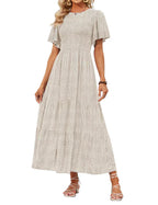 🌷Early Summer Sale-50% Off🌸2026 Summer Casual Floral Print Short Flutter Sleeve Crew Neck Smocked High Waist Flowy Maxi Dress