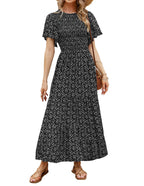 🌷Early Summer Sale-50% Off🌸2026 Summer Casual Floral Print Short Flutter Sleeve Crew Neck Smocked High Waist Flowy Maxi Dress