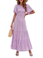🌷Early Summer Sale-50% Off🌸2026 Summer Casual Floral Print Short Flutter Sleeve Crew Neck Smocked High Waist Flowy Maxi Dress