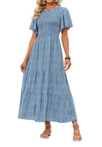 🌷Early Summer Sale-50% Off🌸2026 Summer Casual Floral Print Short Flutter Sleeve Crew Neck Smocked High Waist Flowy Maxi Dress