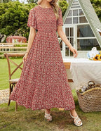 🌷Early Summer Sale-50% Off🌸2026 Summer Casual Floral Print Short Flutter Sleeve Crew Neck Smocked High Waist Flowy Maxi Dress