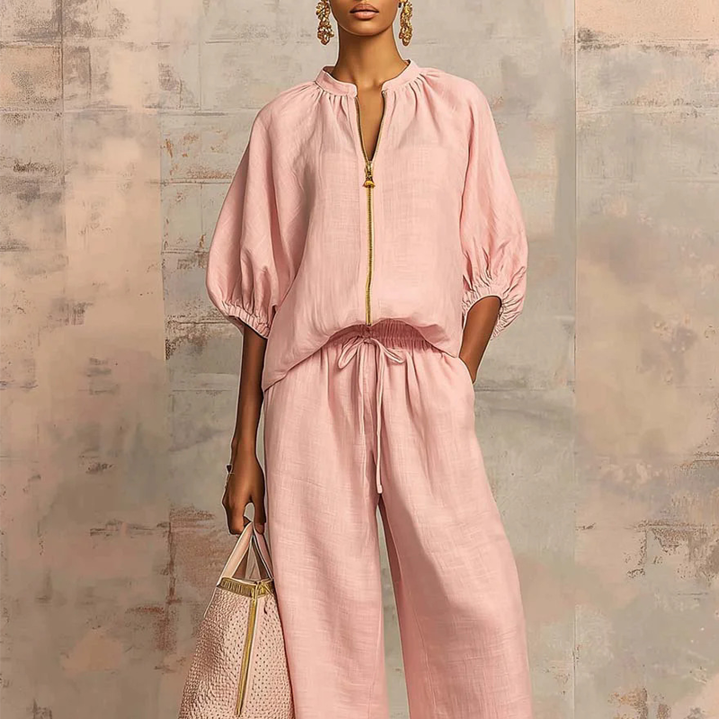 👚 40% OFF! 👖 Women's Solid Color 2-Piece Tracksuit – Puff Sleeve. Wide Leg. Zipper Detail ✨