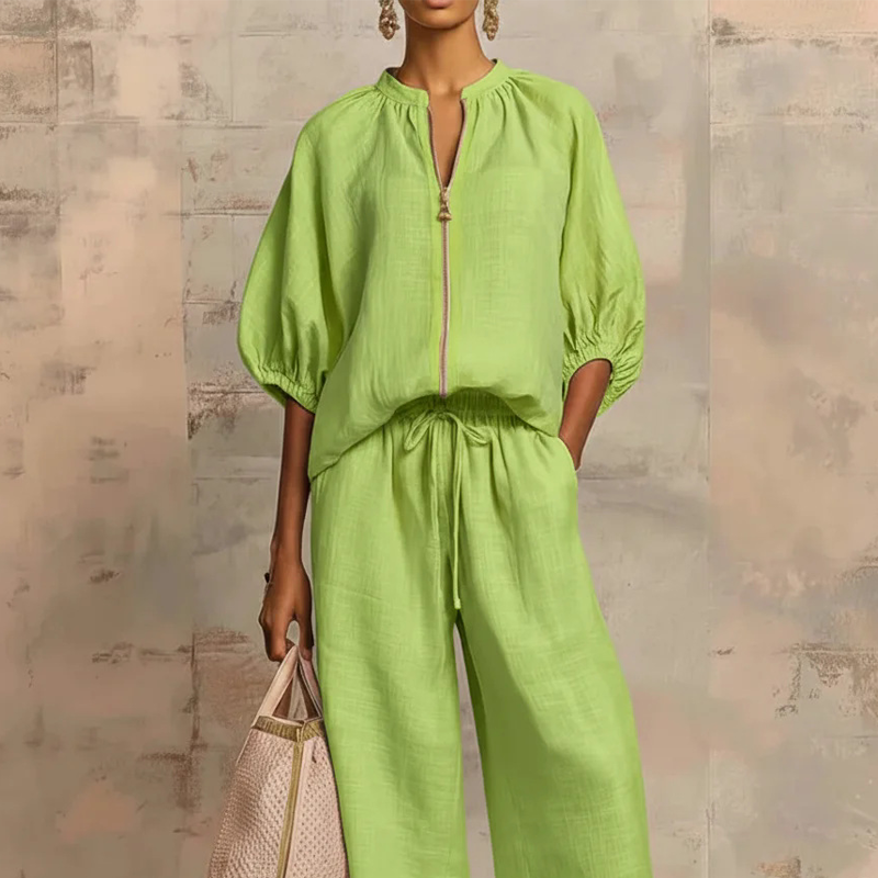👚 40% OFF! 👖 Women's Solid Color 2-Piece Tracksuit – Puff Sleeve. Wide Leg. Zipper Detail ✨