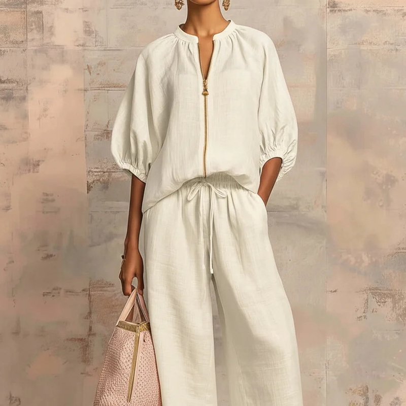 👚 40% OFF! 👖 Women's Solid Color 2-Piece Tracksuit – Puff Sleeve. Wide Leg. Zipper Detail ✨