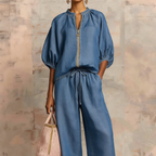 👚 40% OFF! 👖 Women's Solid Color 2-Piece Tracksuit – Puff Sleeve. Wide Leg. Zipper Detail ✨