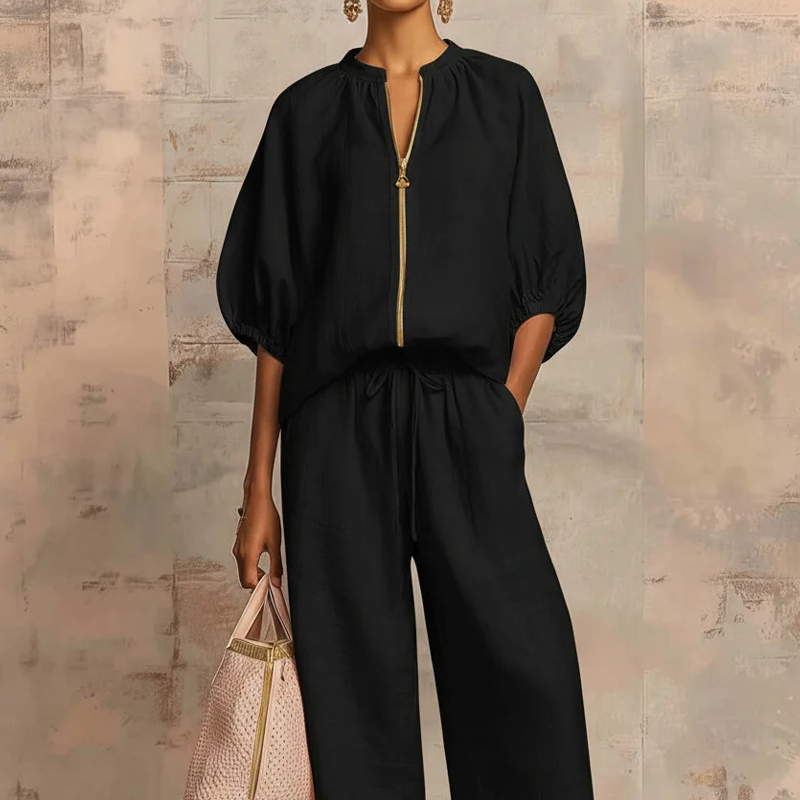 👚 40% OFF! 👖 Women's Solid Color 2-Piece Tracksuit – Puff Sleeve. Wide Leg. Zipper Detail ✨