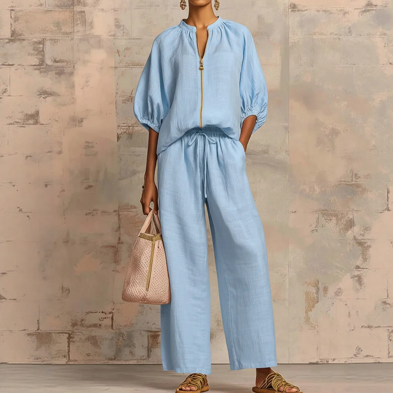 👚 40% OFF! 👖 Women's Solid Color 2-Piece Tracksuit – Puff Sleeve. Wide Leg. Zipper Detail ✨