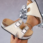 Double Buckle Cork Slide Sandals – Sparkling. Comfy & Effortlessly Chic – Perfect for Summer & Beach ✨
