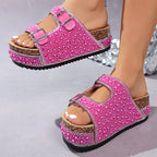 Double Buckle Cork Slide Sandals – Sparkling. Comfy & Effortlessly Chic – Perfect for Summer & Beach ✨