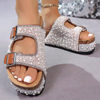 Double Buckle Cork Slide Sandals – Sparkling. Comfy & Effortlessly Chic – Perfect for Summer & Beach ✨