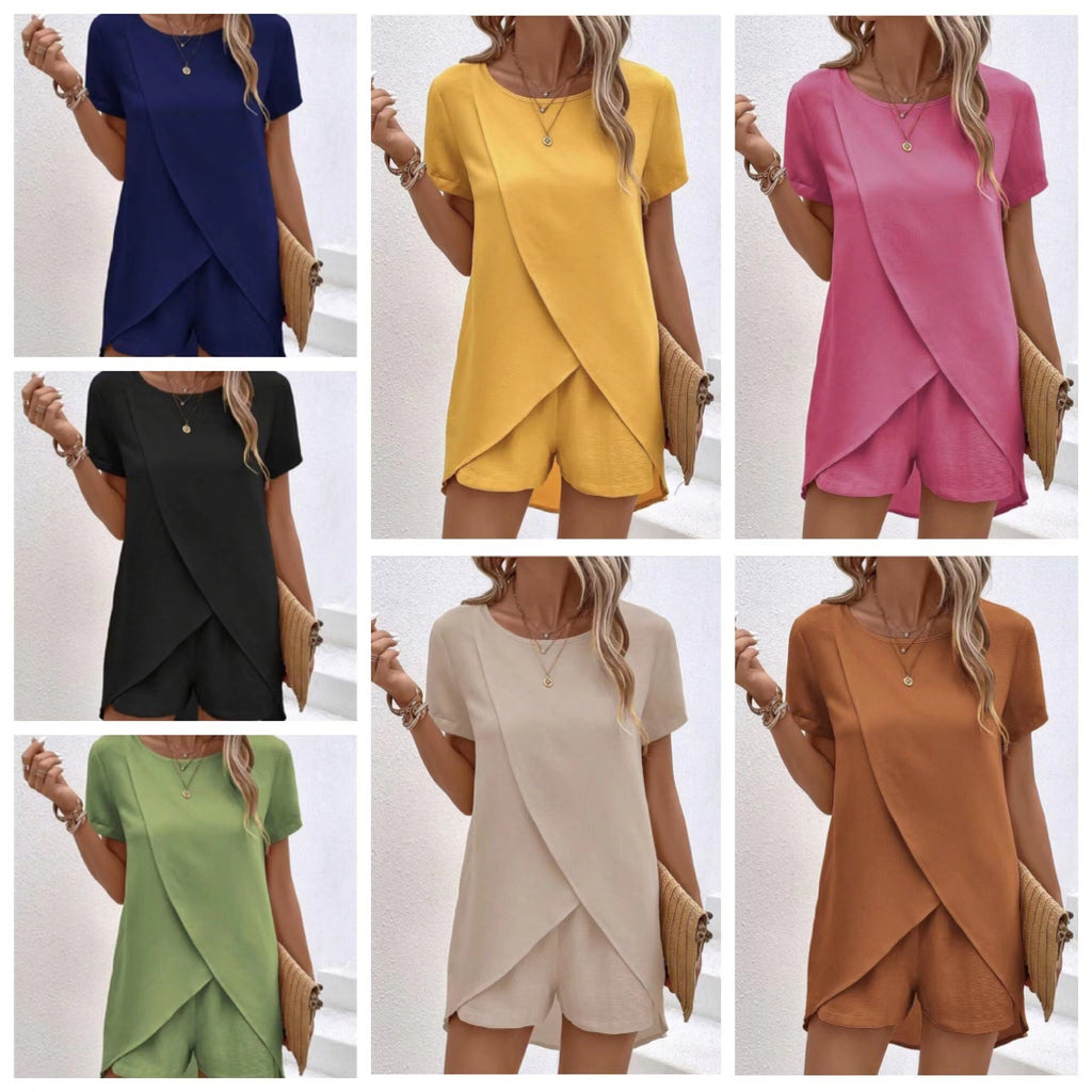 Women's Solid Color Irregular Top & Shorts Two Piece Set