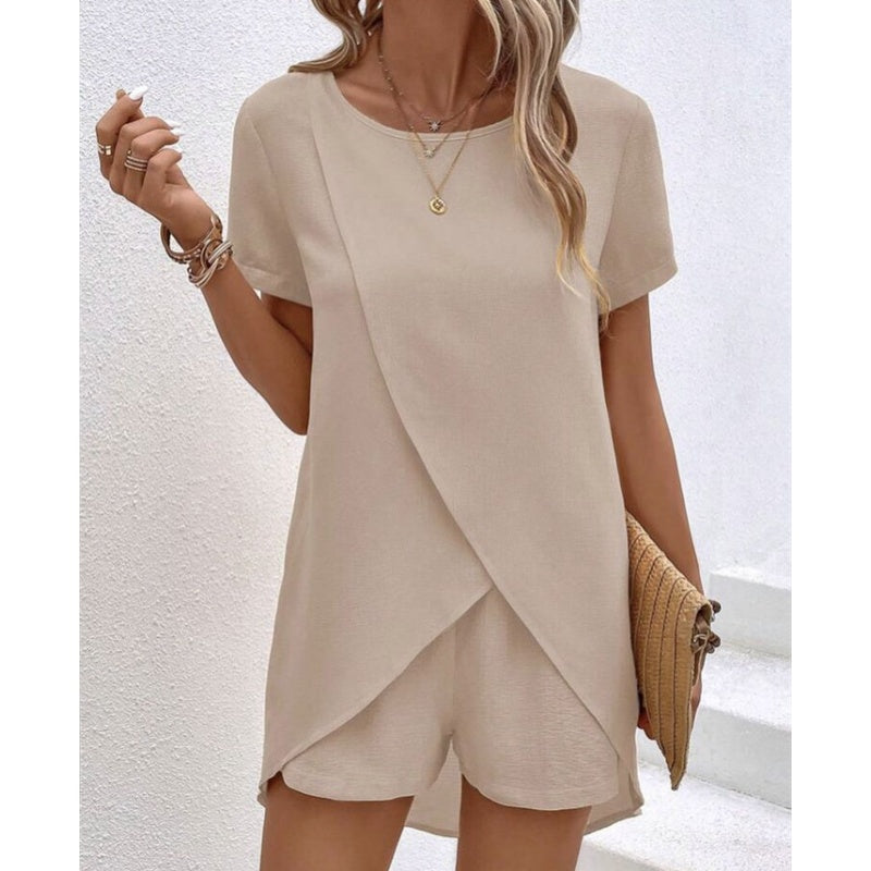 Women's Solid Color Irregular Top & Shorts Two Piece Set