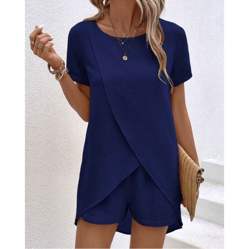 Women's Solid Color Irregular Top & Shorts Two Piece Set
