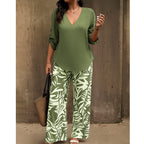 📢📢50% OFF !! ⏰Women's V-Neck Blouse & Printed Wide-Leg Pants Set