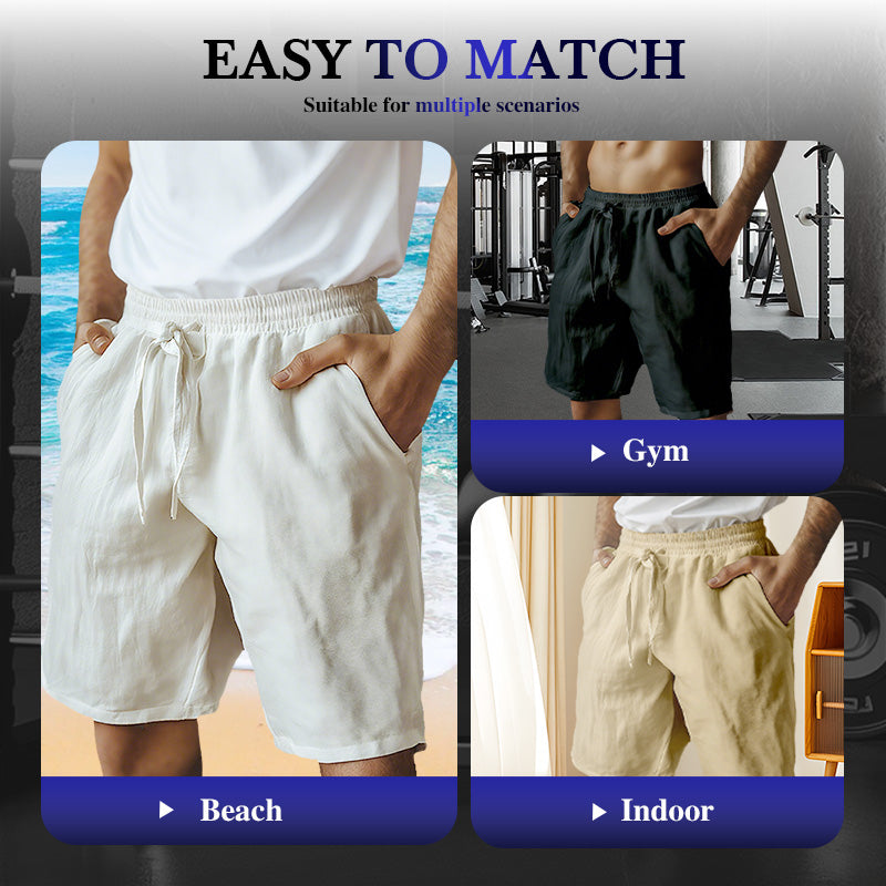 (S-3XL)🌿Men's Elastic Drawstring Solid Cotton Linen Shorts